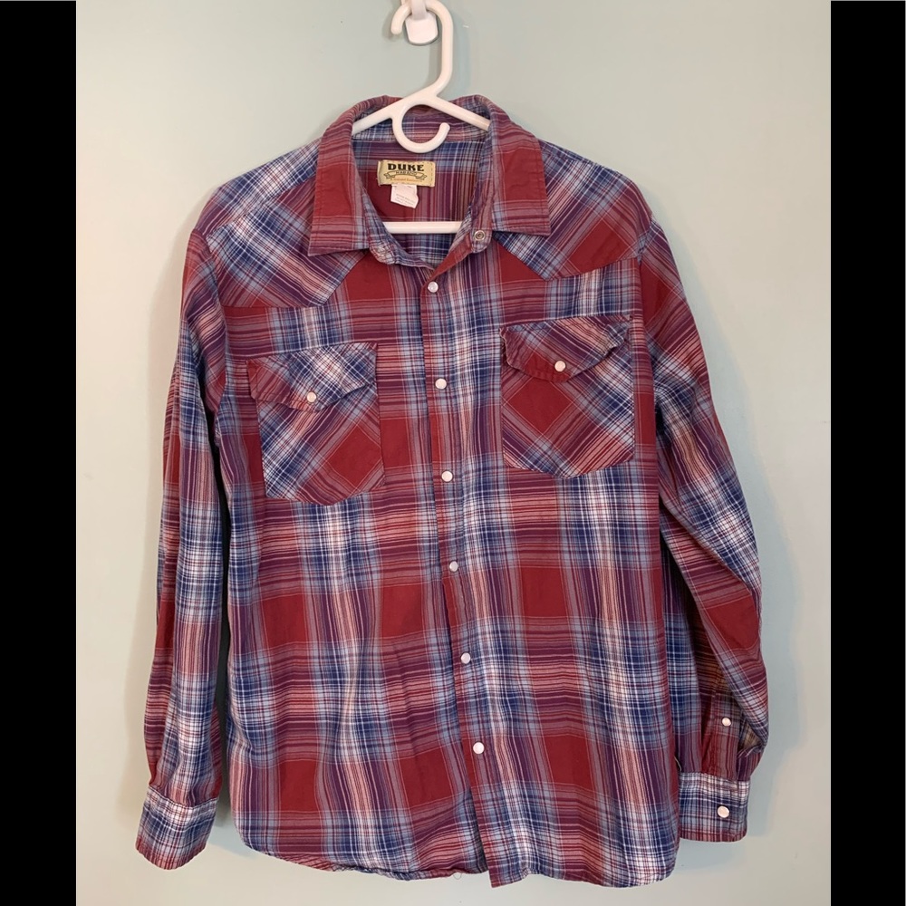 Duke Haband Mens Pearl Snap Western Plaid Shirt Size Large Red Blue